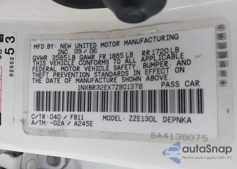 2007 Toyota Corolla Le from USA, damaged, VIN 1NXBR32EX7Z801378